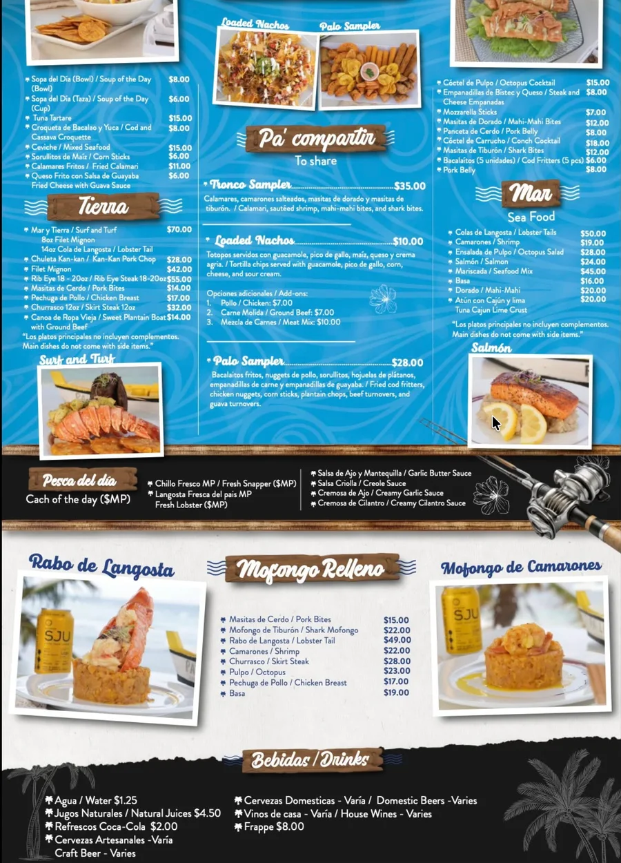 A printed restaurant menu from Palo Restaurant in Jobos, laid out in Spanish and English with photographs of each dish. Readable lines include Sopa del Dia / Soup of the Day $8.00, Ceviche / Mixed Seafood $15.00, Calamares Fritos / Fried Calamari $11.00, Coctel de Pulpo / Octopus Cocktail $15.00, Masitas de Dorado / Mahi-Mahi Bites $12.00, and a section headed Pa' compartir, To share.