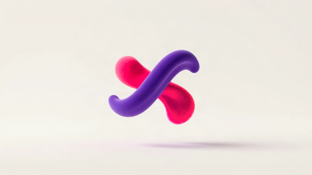 A soft, matte 3D sculpture of two curved strokes crossing in midair to form an X, one violet and one bright pink, floating above a warm white background with a faint shadow below.